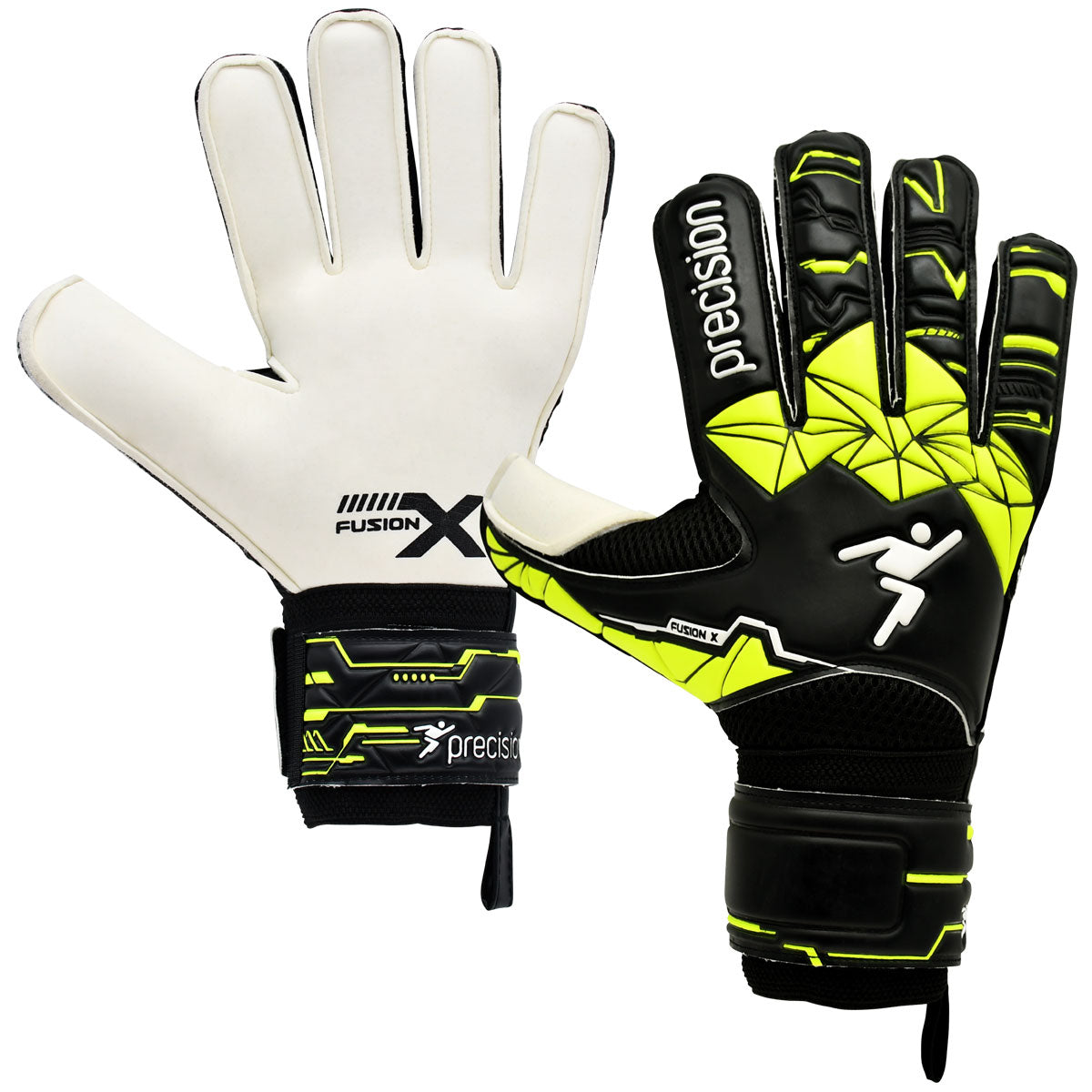 Precision Training Fusion X Flat Cut Finger Protect Goalkeeper Gloves - Youth - Black/Yellow/White
